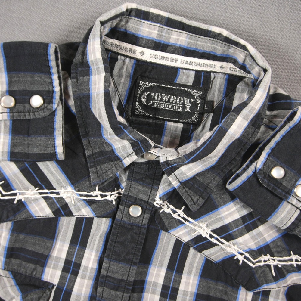 Y2K Cowboy Hardware Barbed Wire Embroidered Plaid Pearl Snap Men Shirt L Rodeo